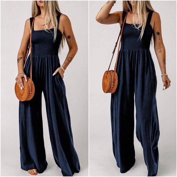 Boho Smocked Pocket Wide leg Cami Jumpsuit - Picture 2 of 5